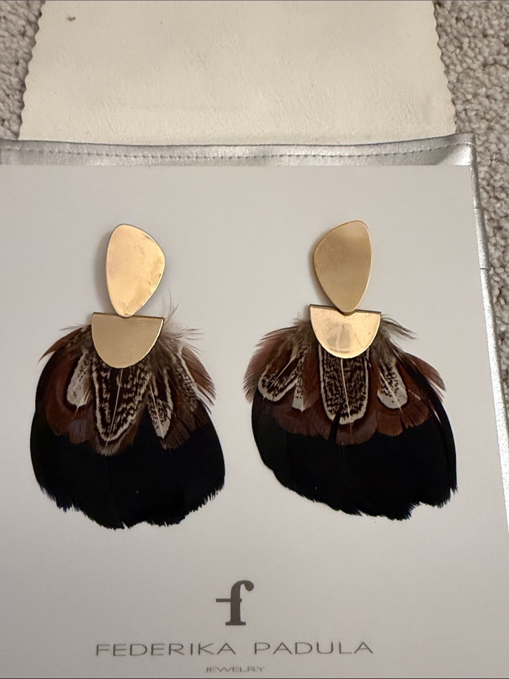Federika Padula Brown & Black Feather Statement Earrings with Gold Accents